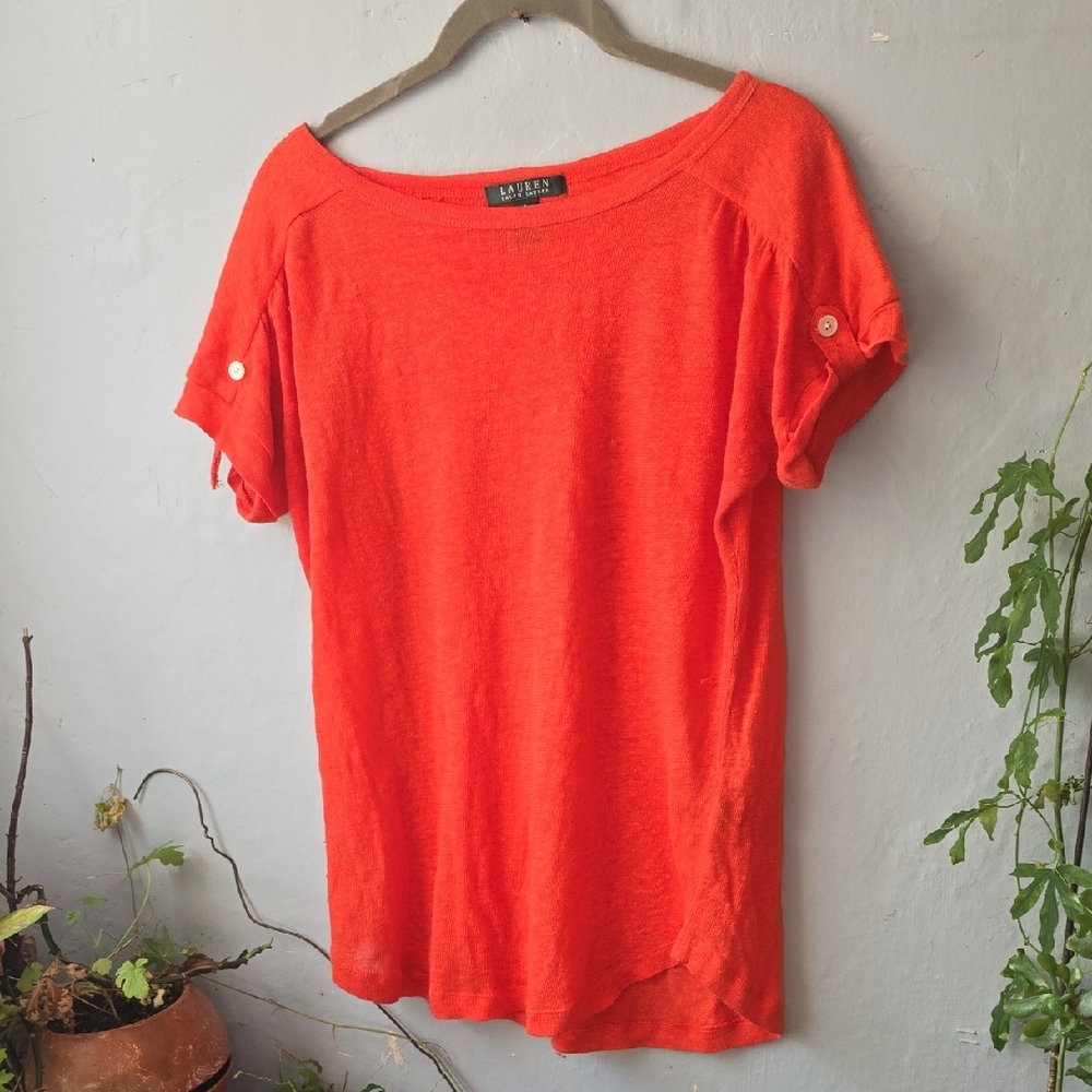 Lauren Ralph Lauren 100%  Linen Knit Cap Sleeve Slub Knit Top Orange Sz S